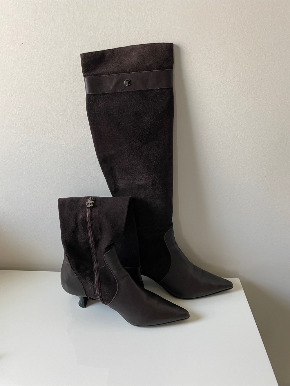 Dark Brown Leather & Suede Knee-High Boots